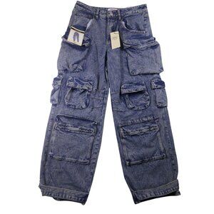 Rise High Rise Wide Multi Cargo Blue Jeans‎ Women's Size 9